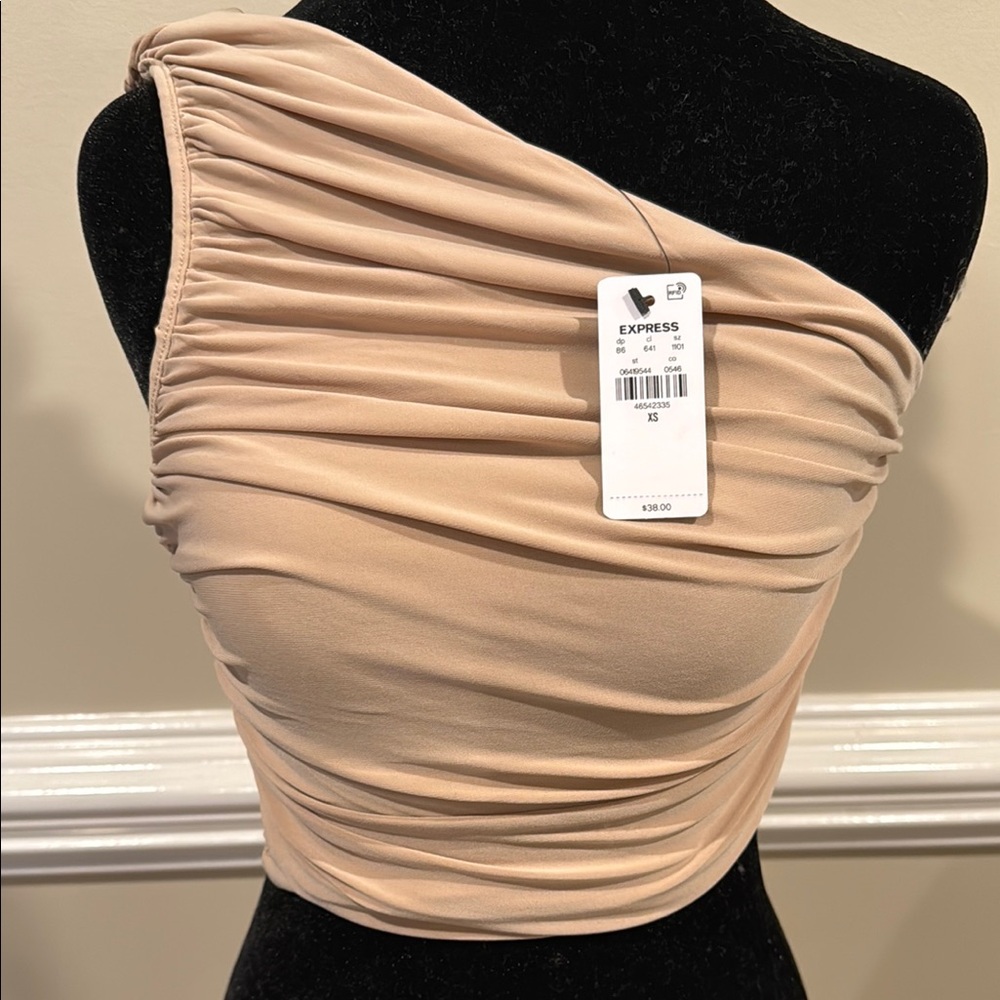 Express Tan Asymmetrical Ruched Sleeveless Top
